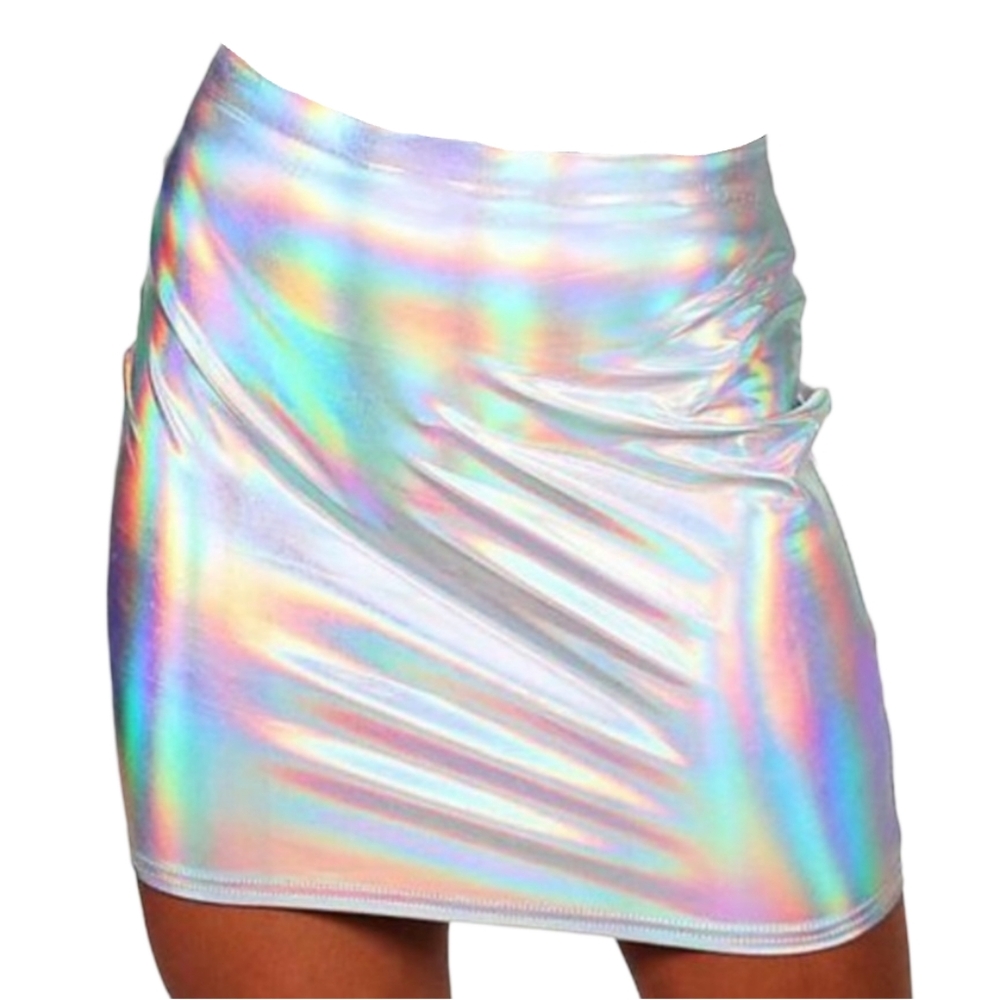 Holographic Mini Bodycon Skirt Size SMALL Stretchy Rainbow Metallic Y2K PARTY